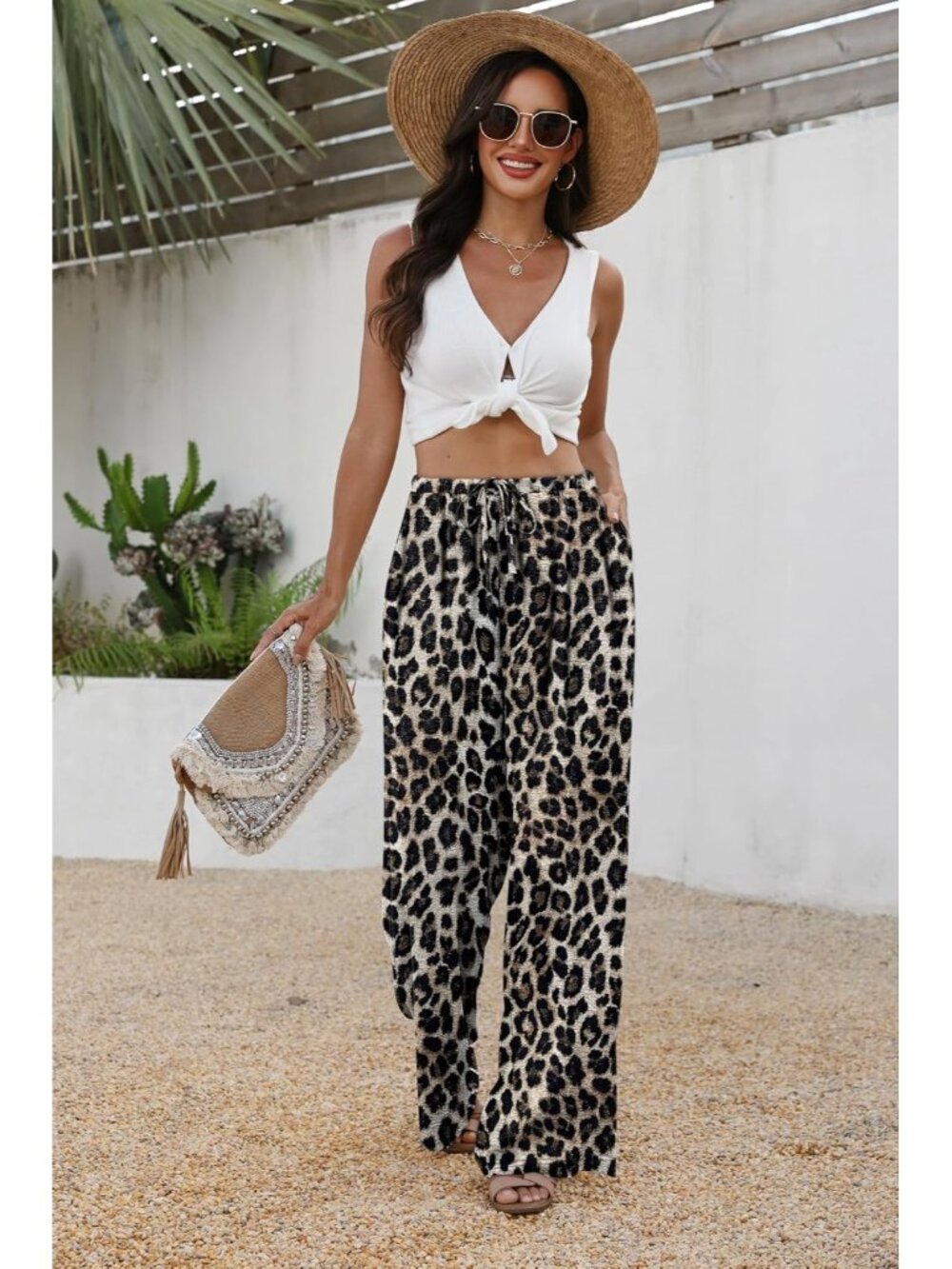 Women's Leopard Flowy Elastic Waist Trousers with Pockets Summer Leg Pants - Picture 3 of 5